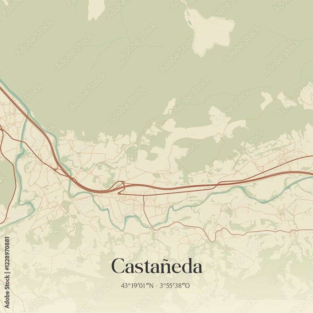 Obraz premium Retro Spanish map of Casta�eda, Cantabria. Vintage street map.