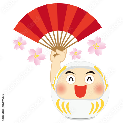 赤い扇子を片手で持つ笑顔の白い達磨と桜のイラスト