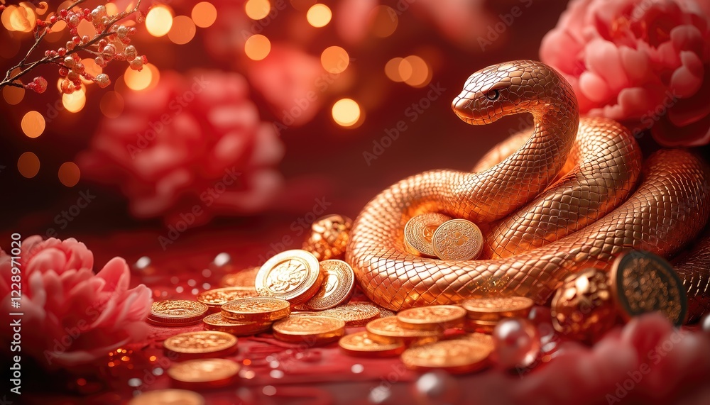 Lunar New Year Golden Snake Coiled with Coins and Peonies Festive Decor Lunar New Year Golden Snake Coiled with Coins and Peonies Festive Decor