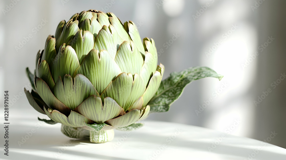 Obraz premium A single fresh artichoke with its textured leaves, placed on a neutral white table with soft natural lighting