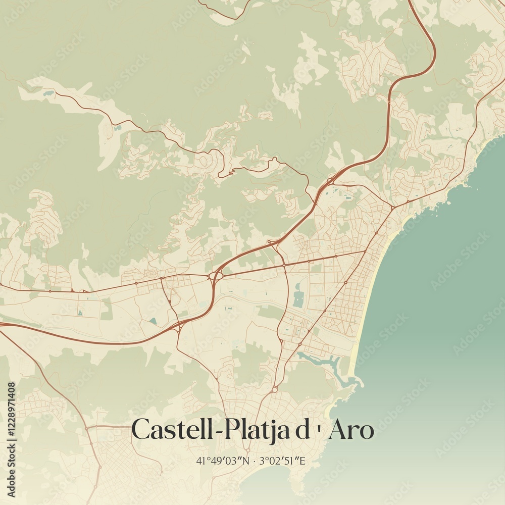 Fototapeta premium Retro Spanish map of Castell-Platja d'Aro, Catalu�a. Vintage street map.