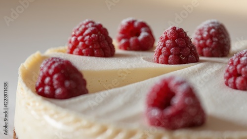 Micro Close Up Of Cheesecake With Raspberries. photo