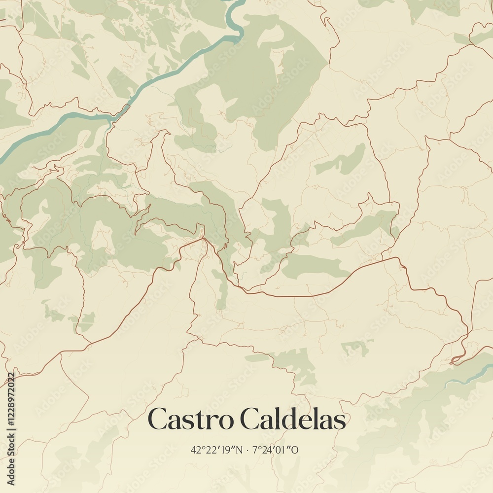 Obraz premium Retro Spanish map of Castro Caldelas, Galicia. Vintage street map.