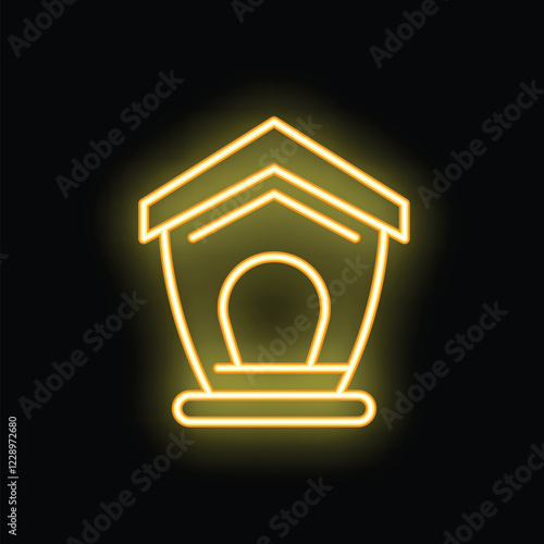 Neon sign of a yellow glowing doghouse on a black background