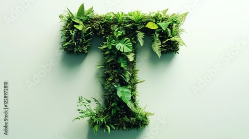 Letter T made of green moss and plants.