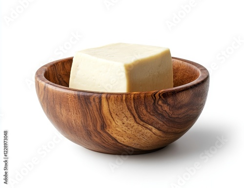 Firm tofu block in a wooden bowl isolated on white background. photo