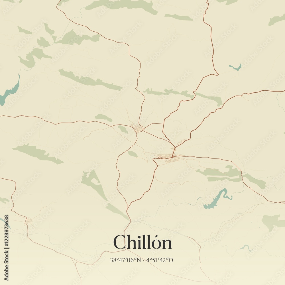 Fototapeta premium Retro Spanish map of Chill�n, Castilla-La Mancha. Vintage street map.
