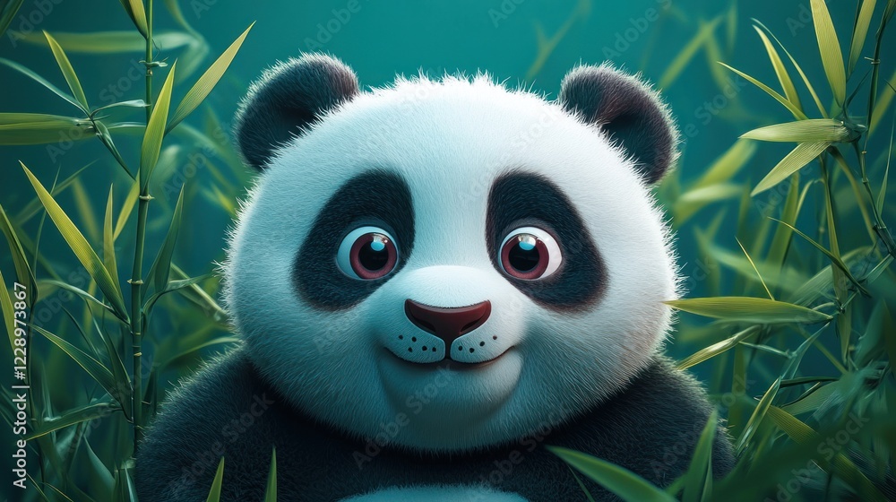 Fototapeta premium Adorable cartoon panda cub amidst lush bamboo.