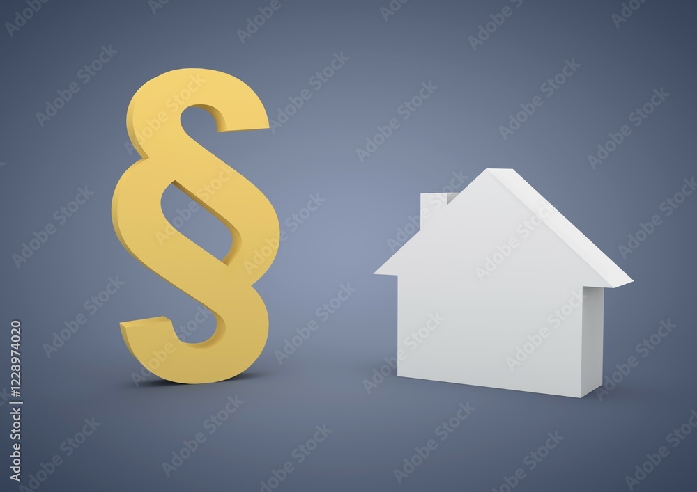 House and a German legal sign, symbolic image for tenancy law, purchase of a house, 3D illustration House and a German legal sign, symbolic image for tenancy law, purchase of a house, 3D illustration