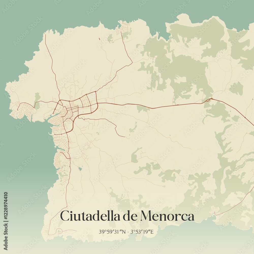 Fototapeta premium Retro Spanish map of Ciutadella de Menorca, Islas Baleares. Vintage street map.