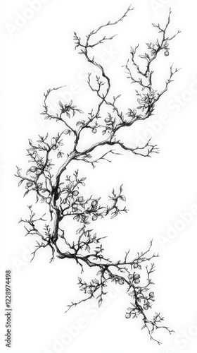 Intricate Black and White Illustration of Branches with Blossoms