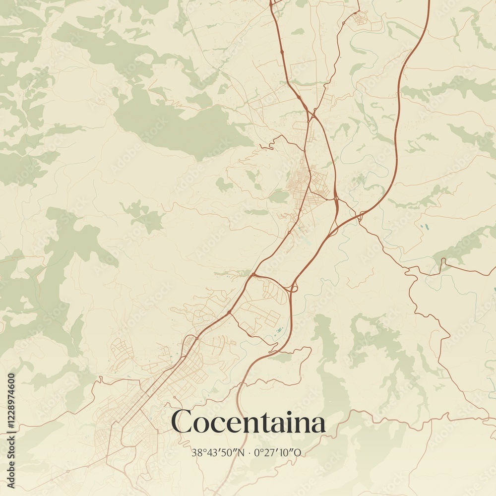 Fototapeta premium Retro Spanish map of Cocentaina, Comunidad Valenciana. Vintage street map.