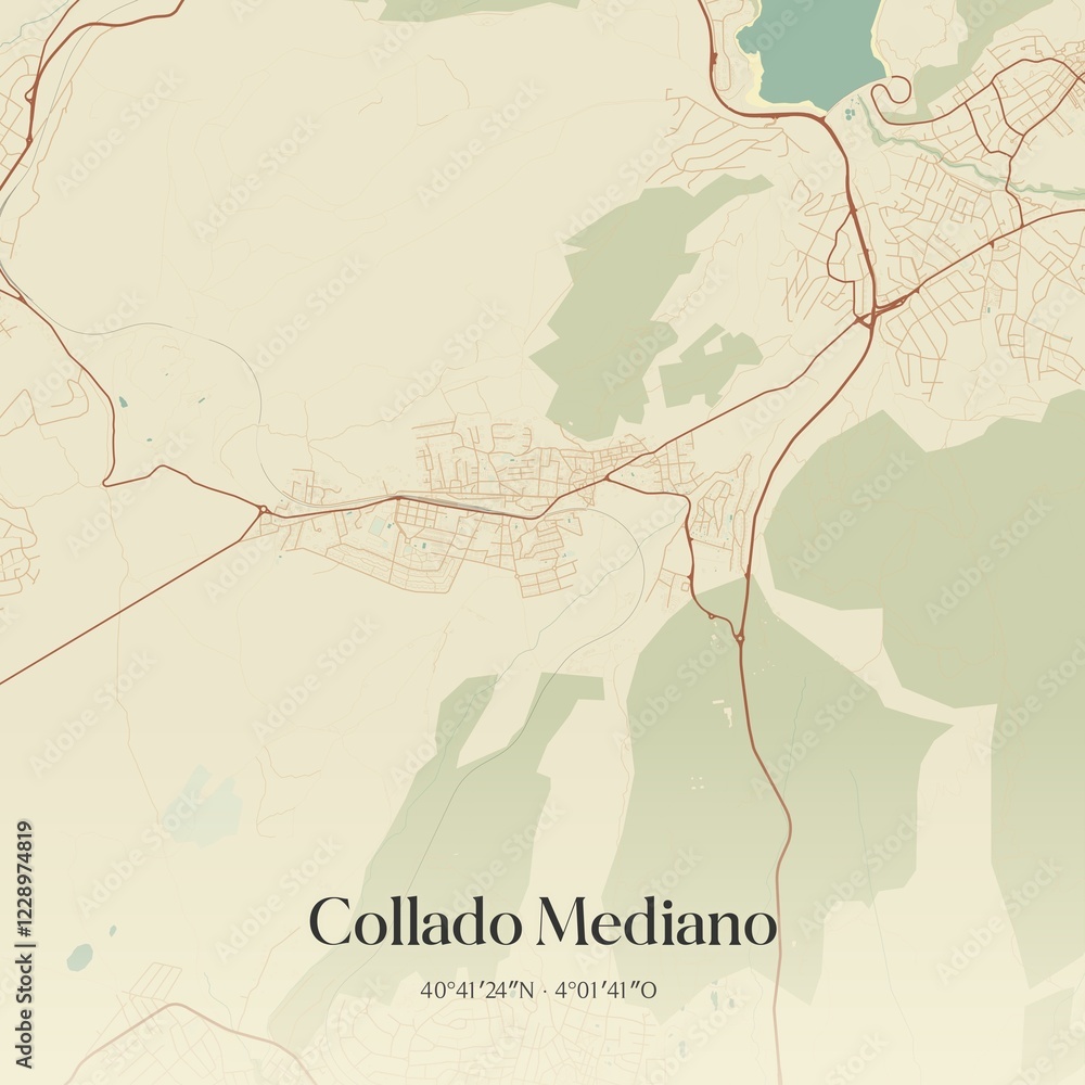 Obraz premium Retro Spanish map of Collado Mediano, Comunidad de Madrid. Vintage street map.