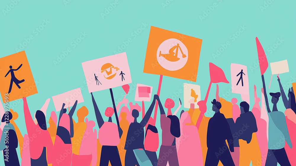 A minimalist illustration of a peaceful social justice protest, with abstract figures holding signs with simple symbols for justice, equality, and peace. Focus on unity and solidarity. A minimalist illustration of a peaceful social justice protest, with abstract figures holding signs with simple symbols for justice, equality, and peace. Focus on unity and solidarity.