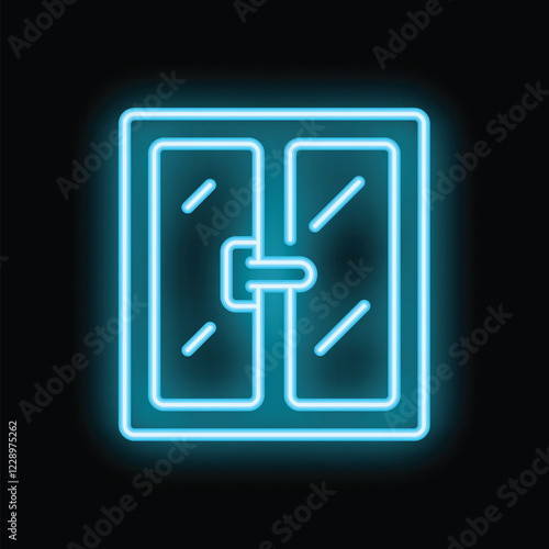 Bright blue neon sign in the shape of a double door or window glowing against a black background