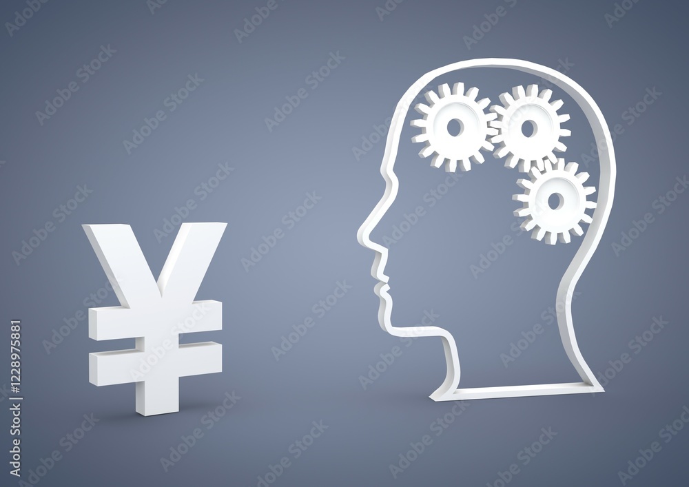 Head with gears and a yen symbol, symbolic image for clever investments, crisis, currency, 3D illustration Head with gears and a yen symbol, symbolic image for clever investments, crisis, currency, 3D illustration