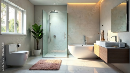 Modern Minimalist Bathroom Design Featuring a Freestanding Tub and Walk-in Shower
