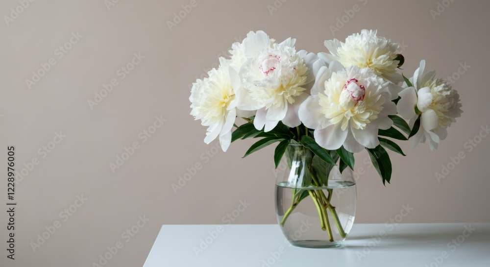 Elegant white peonies in a glass vase on minimalistic tabletop display Elegant white peonies in a glass vase on minimalistic tabletop display