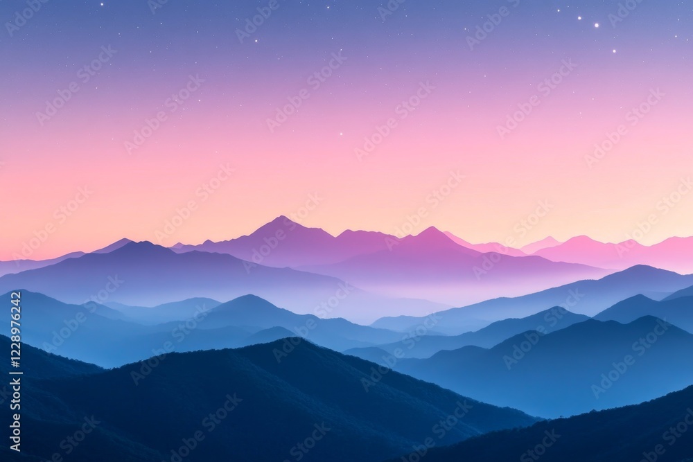 Obraz premium Serene Sunset Mountain Range Panorama Pink Purple Blue Hues