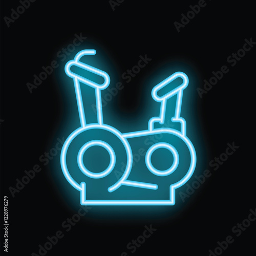 Blue neon sign of a stationary bicycle glowing on a black background