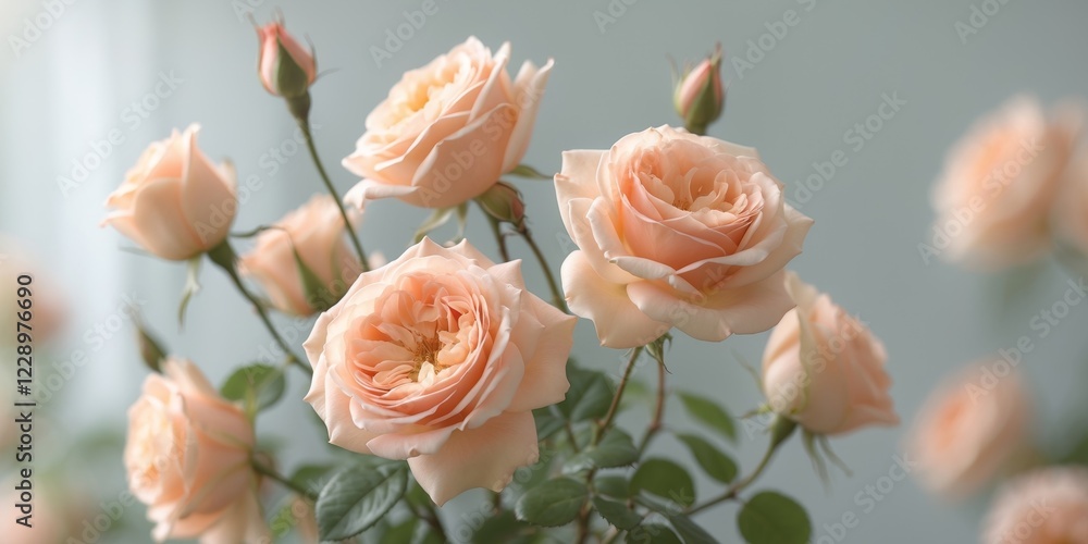 Peach roses blooming in garden with blurred background. Peach roses blooming in garden with blurred background.