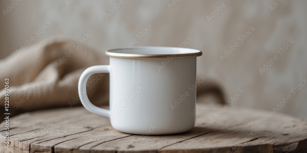 White Enamel Mug on Natural Background with Soft Focus Effects. White Enamel Mug on Natural Background with Soft Focus Effects.