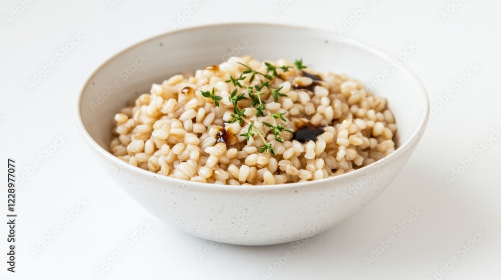 A minimalist bowl of plain barley topped with a light drizzle of balsamic vinegar and a sprinkle of fresh thyme, served in a simple white ceramic bowl, Barley centered A minimalist bowl of plain barley topped with a light drizzle of balsamic vinegar and a sprinkle of fresh thyme, served in a simple white ceramic bowl, Barley centered