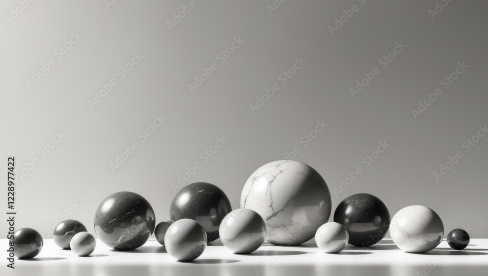 A collection of marble balls arranged neatly on a white surface A collection of marble balls arranged neatly on a white surface