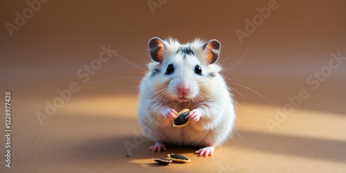 Cute hamster eating sunflower seed on brown surface. photo