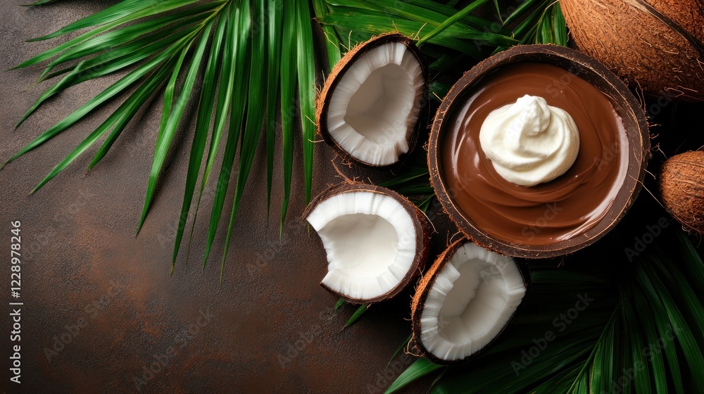 Chocolate dessert in coconut shell with whipped cream and coconut halves on tropical leaves. Chocolate dessert in coconut shell with whipped cream and coconut halves on tropical leaves.