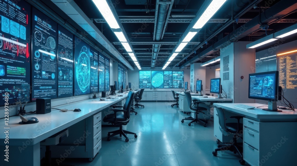 Modern Futuristic Data Center Control Room with Numerous Computer Workstations and Large Display Screens Showing Complex Data Modern Futuristic Data Center Control Room with Numerous Computer Workstations and Large Display Screens Showing Complex Data