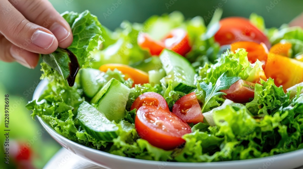 Fresh salad with tomatoes, cucumbers, and lettuce being dressed. Fresh salad with tomatoes, cucumbers, and lettuce being dressed.