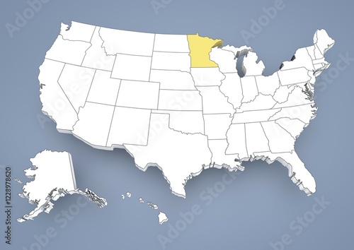 Minnesota, MN, highlighted on a contour map of USA, United States of America, 3D illustration