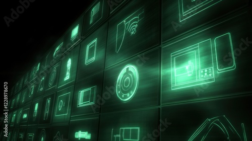Futuristic green glowing smart home icons on digital wall.