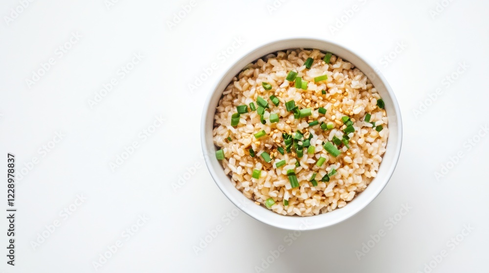 A minimalist bowl of plain barley with a light drizzle of sesame oil and a sprinkle of scallions, served in a simple white ceramic bowl, Barley centered A minimalist bowl of plain barley with a light drizzle of sesame oil and a sprinkle of scallions, served in a simple white ceramic bowl, Barley centered