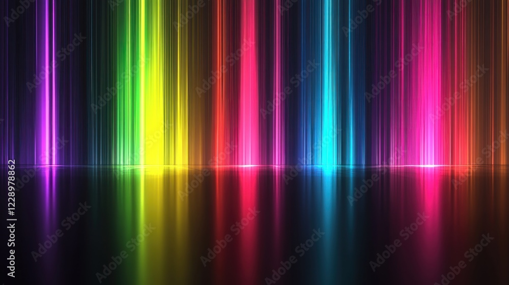 Fototapeta premium A luminous neon background with bold glowing stripped lines in multiple bright colors Smooth transitions and soft reflections create a dynamic digital feel