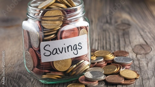 Savings Jar Overflowing with Coins on Wooden Table Capturing Financial Growth in Rustic Setting photo