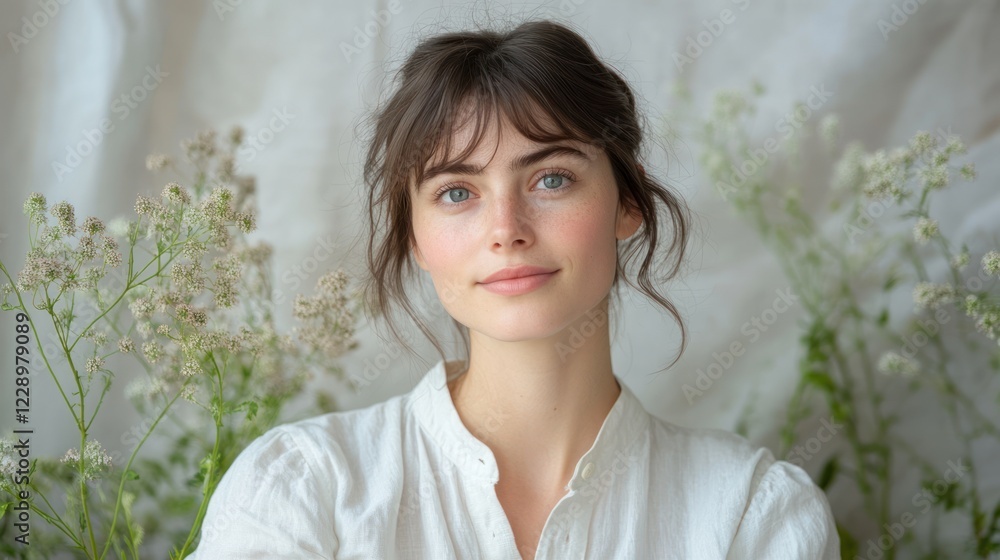 Young woman with bangs, wearing white shirt, surrounded by flowers. Young woman with bangs, wearing white shirt, surrounded by flowers.