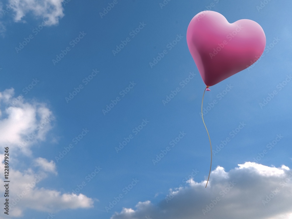 Fototapeta premium Pink balloon in heart shape against blue sky with clouds, illustration