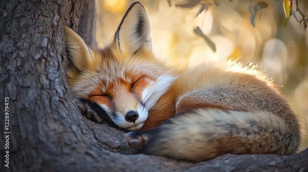 Red fox sleeping peacefully nestled against a tree trunk in sunlight. Red fox sleeping peacefully nestled against a tree trunk in sunlight.