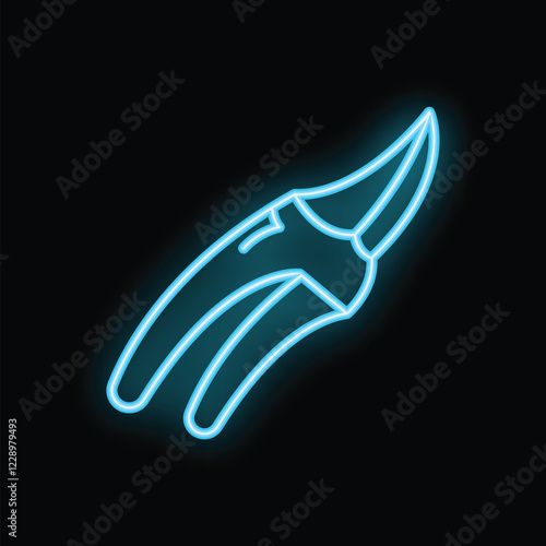 Bright blue neon secateurs icon glowing on black background