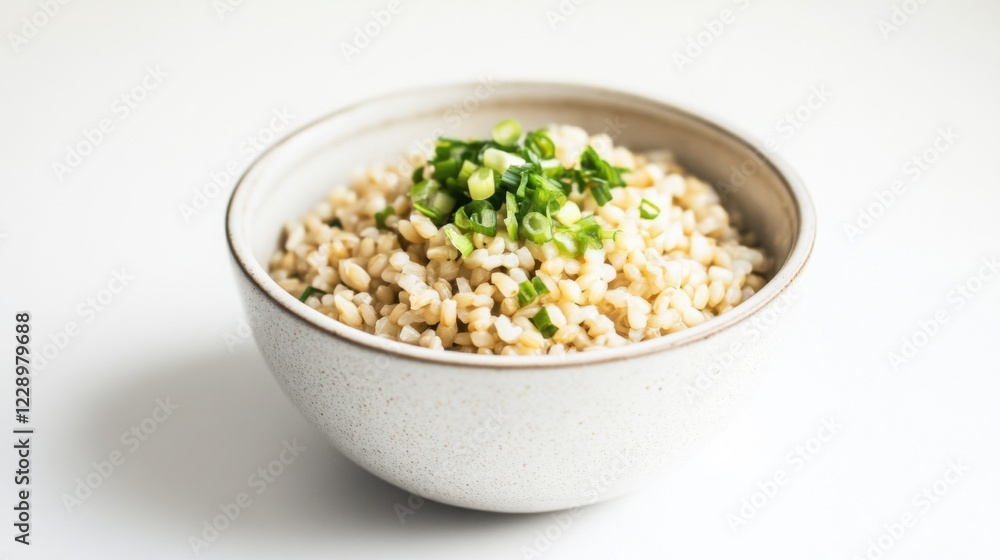 A minimalist bowl of plain barley with a light drizzle of sesame oil and a sprinkle of scallions, served in a simple white ceramic bowl, Barley centered A minimalist bowl of plain barley with a light drizzle of sesame oil and a sprinkle of scallions, served in a simple white ceramic bowl, Barley centered