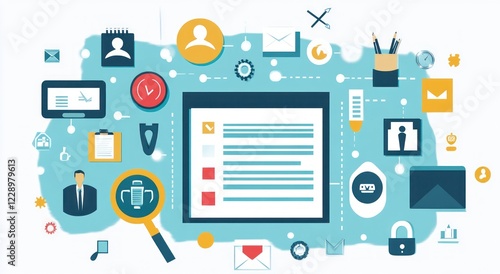 Data management system with icons showing workflow, security, and communication.