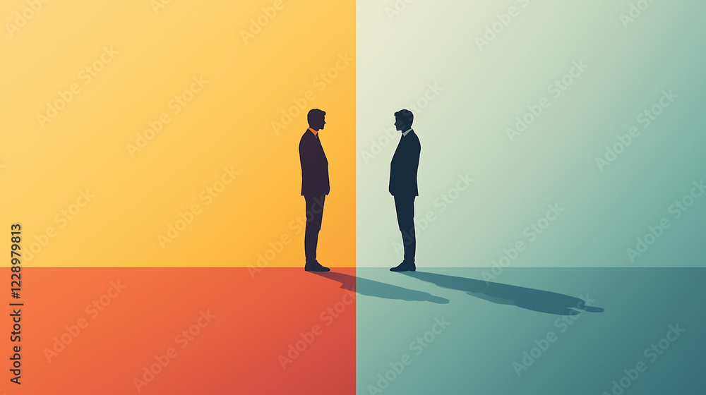 A minimalist illustration showing two figures: one in a business suit, the other in casual clothes. The exaggerated gap between them symbolizes the divide in income inequality. A minimalist illustration showing two figures: one in a business suit, the other in casual clothes. The exaggerated gap between them symbolizes the divide in income inequality.