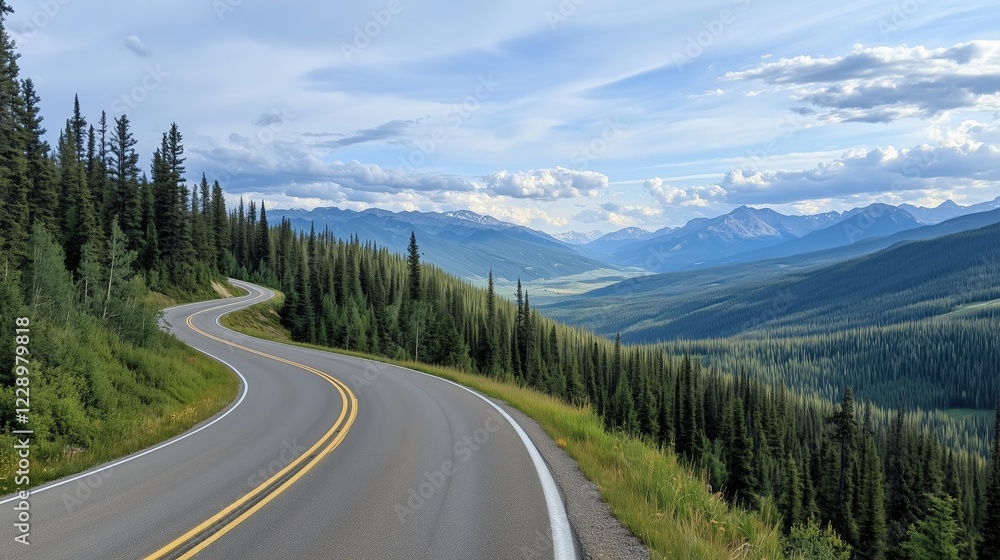Winding road through lush green forest leading to distant mountains under a cloudy blue sky. Travel and exploration. Winding road through lush green forest leading to distant mountains under a cloudy blue sky. Travel and exploration.