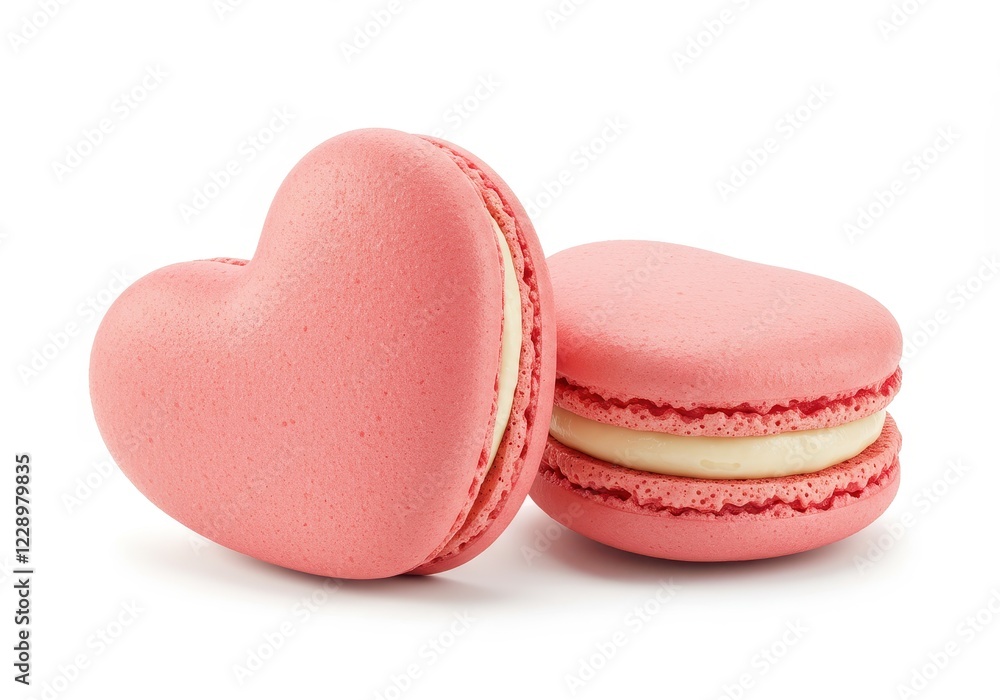 Pink heart shaped macarons with smooth slightly textured shells and visible cream filling isolated on a white background Pink heart shaped macarons with smooth slightly textured shells and visible cream filling isolated on a white background