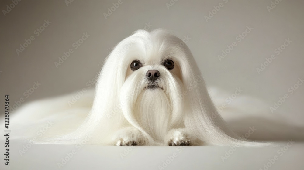 Adorable white Maltese dog lying down, long flowing hair. Adorable white Maltese dog lying down, long flowing hair.