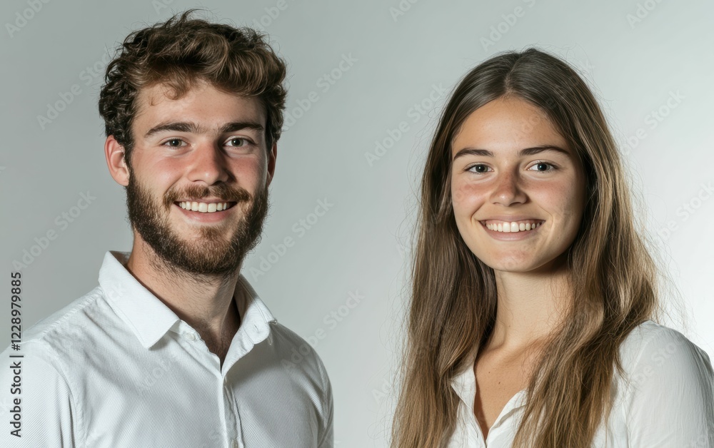 The man and woman casual attire business shirt and warm smiles highlight a simple yet strong business partnership standing together on white background. The man and woman casual attire business shirt and warm smiles highlight a simple yet strong business partnership standing together on white background.