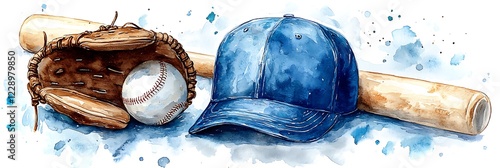 Watercolor baseball set. Sport equipment. Helmet, cap, bat, ball, glove. Isolated over white background.