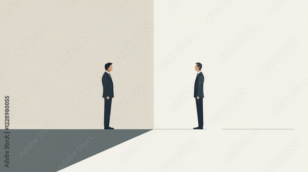 A minimalist illustration showing two figures: one in a business suit, the other in casual clothes. The exaggerated gap between them symbolizes the divide in income inequality. A minimalist illustration showing two figures: one in a business suit, the other in casual clothes. The exaggerated gap between them symbolizes the divide in income inequality.